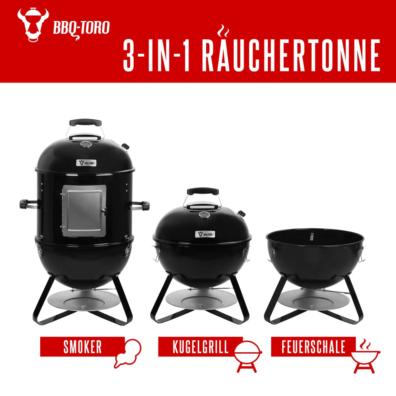 BBQ-Toro 3 In 1 Räuchertonne Ø 47 Cm, 3in1 Smoker, Kugelgrill Und Feuerschale, Mit Thermometer 4 BBQ-Toro 3 In 1 Räuchertonne Ø 47 Cm, 3in1 Smoker, Kugelgrill Und Feuerschale, Mit Thermometer – Bild 2