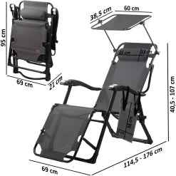 CampFeuer Sonnenliege Mit Dach, Anthrazit, Alu Campingliege Mit Arm Massagerollen, Gartenliege -Camping Store CALI14A Campingliege massbild 2000px 1280x1280