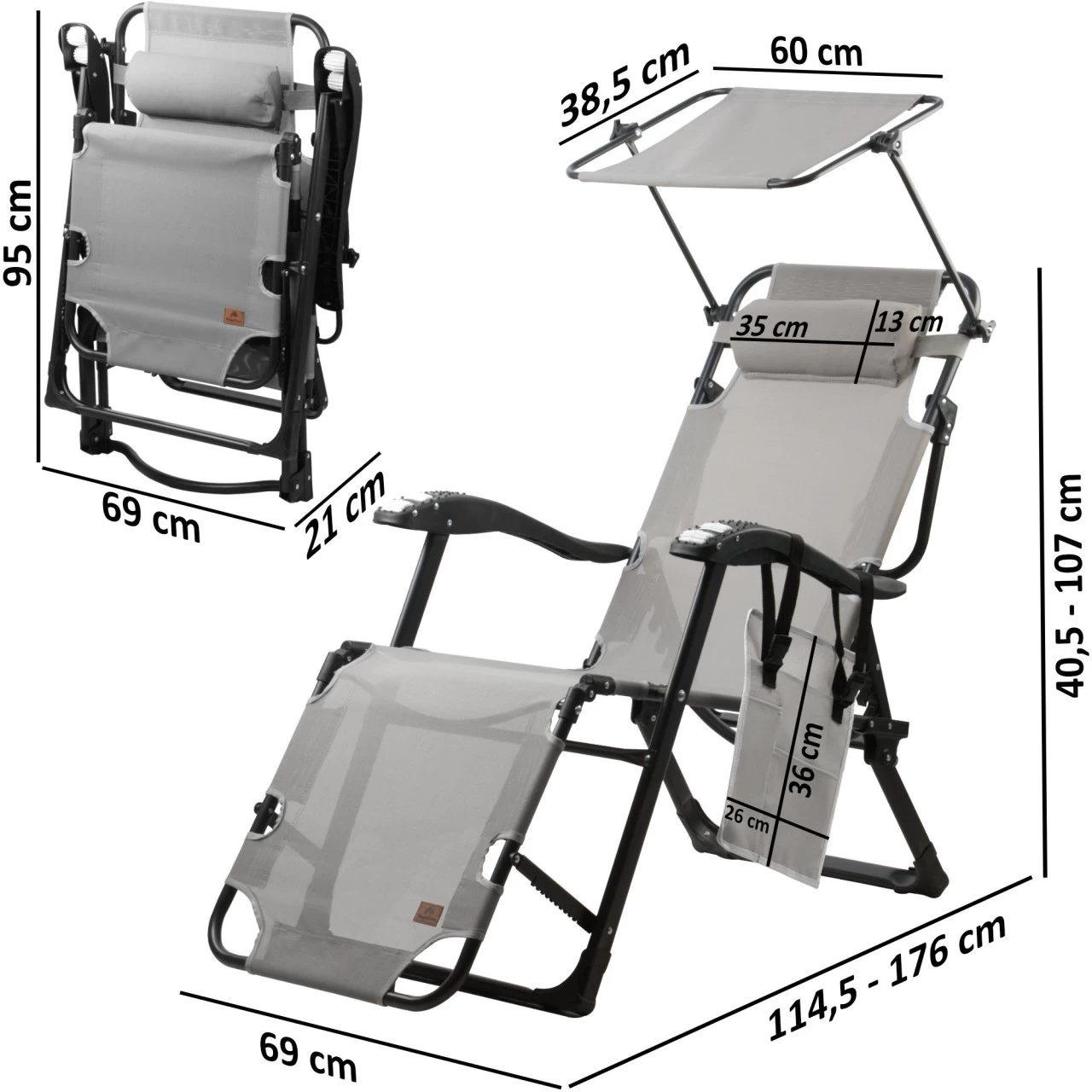 CampFeuer Sonnenliege Mit Dach, Grau, Alu Campingliege Mit Arm Massagerollen, Gartenliege Sonnendach 4 CampFeuer Sonnenliege Mit Dach, Grau, Alu Campingliege Mit Arm Massagerollen, Gartenliege Sonnendach – Bild 2