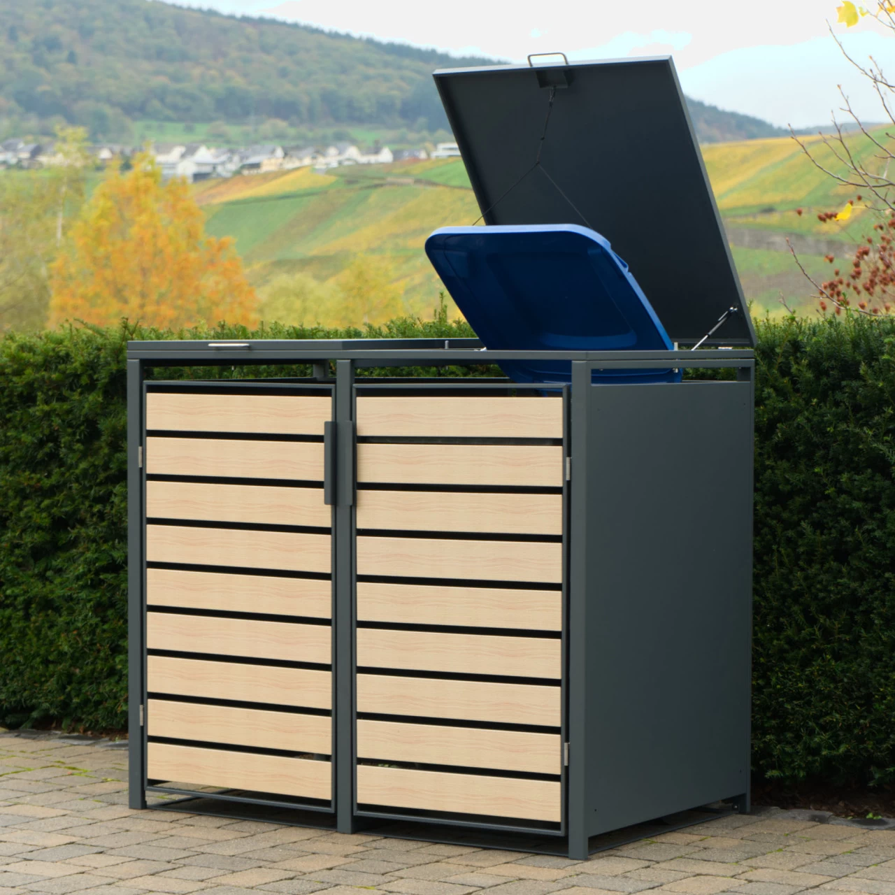 Zelsius Mülltonnenbox-Set Für Vier Mülltonnen | Anthrazit RAL 7016 | Tür In Holzoptik 4 Zelsius Mülltonnenbox-Set Für Vier Mülltonnen | Anthrazit RAL 7016 | Tür In Holzoptik – Bild 2