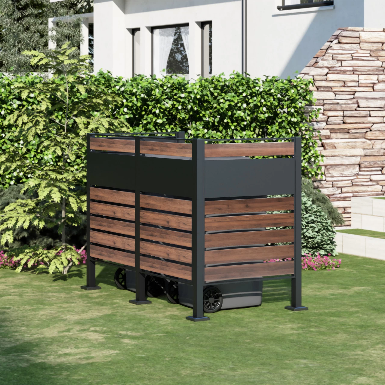 Zelsius Mülltonnenverkleidung, Anthrazit RAL7016, Sichtschutz, Dunkelbraune Holzoptik, Basiselement 4 Zelsius Mülltonnenverkleidung, Anthrazit RAL7016, Sichtschutz, Dunkelbraune Holzoptik, Basiselement – Bild 2