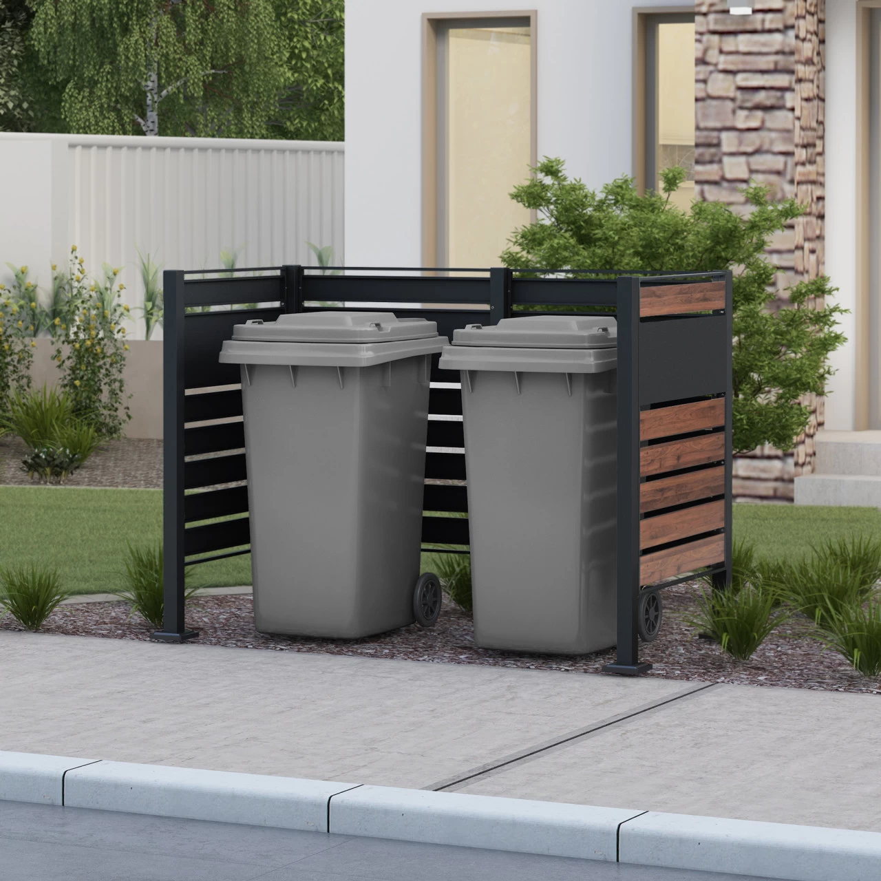 Zelsius Mülltonnenverkleidung, Anthrazit RAL7016, Sichtschutz, Dunkelbraune Holzoptik, Basiselement 5 Zelsius Mülltonnenverkleidung, Anthrazit RAL7016, Sichtschutz, Dunkelbraune Holzoptik, Basiselement – Bild 3