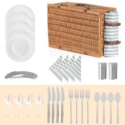 CampFeuer Picknickkorb 4 Personen Mit Kühlfach Und Geschirr-Set, 29-teilig, Weidenkorb, Weidenkoffer -Camping Store PINIKO3 Picknickkorb Bild7 2000px 1280x1280