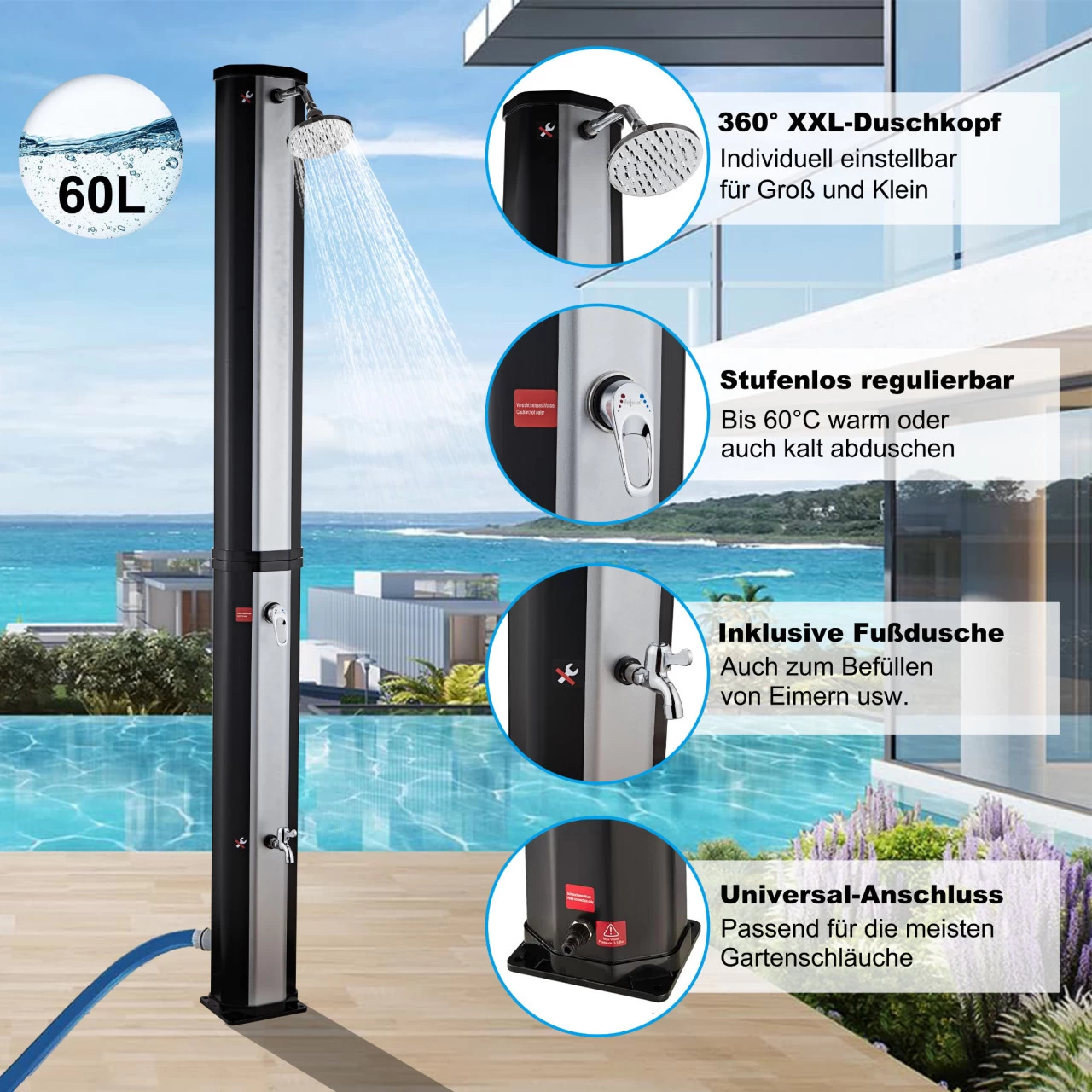 Zelsius Solardusche Taree | 60 Liter, Silber | Mit Wasserhahn Und Fußdusche Bis Max. 60 °C 4 Zelsius Solardusche Taree | 60 Liter, Silber | Mit Wasserhahn Und Fußdusche Bis Max. 60 °C – Bild 2