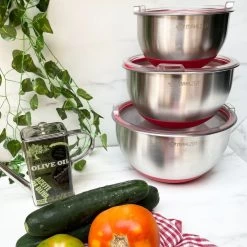 Mahlzeit Edelstahl Schüssel Set Mit Deckel, Küchenschüssel, 3 Stück | 1,6 L | 3 L | 4,6 L -Camping Store bowl set1 3er schuessel set actionbild 1000px 1280x1280