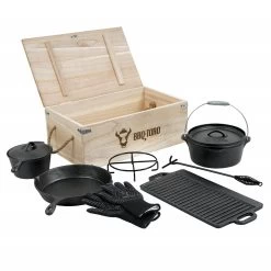 BBQ-Toro 8-teiliges Dutch Oven Set In Holzkiste | Gusseisen, Bereits Eingebrannt