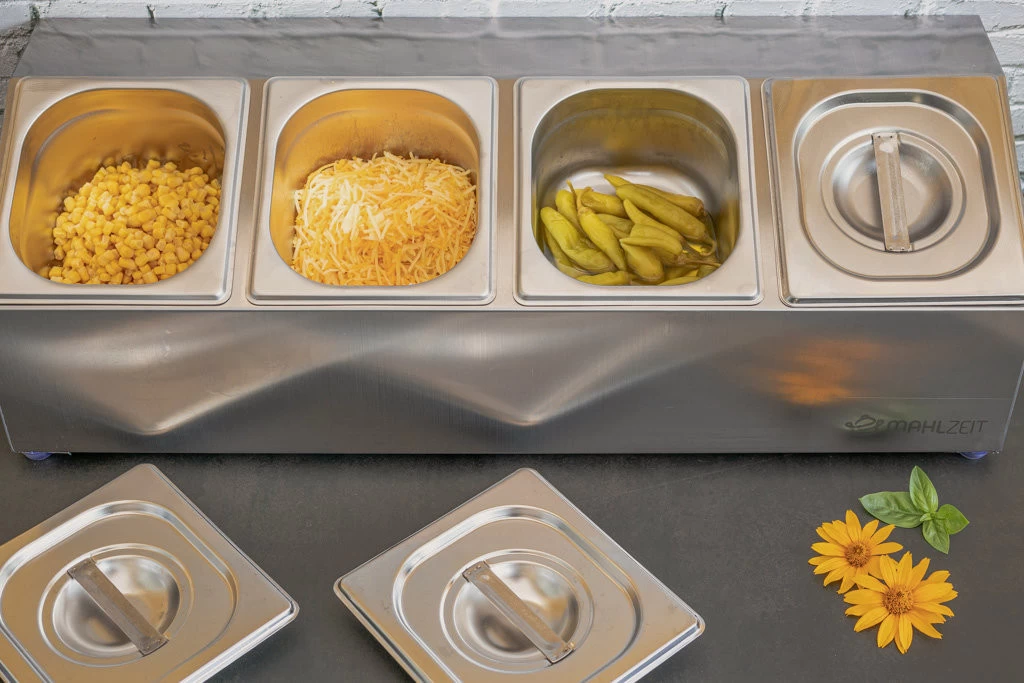 Mahlzeit Edelstahl Zutatenbehälter | 4 X 1/6 GN Behälter Mit Gummifüße | 68,5 X 24,5 X 21,5 Cm 4 Mahlzeit Edelstahl Zutatenbehälter | 4 X 1/6 GN Behälter Mit Gummifüße | 68,5 X 24,5 X 21,5 Cm – Bild 2