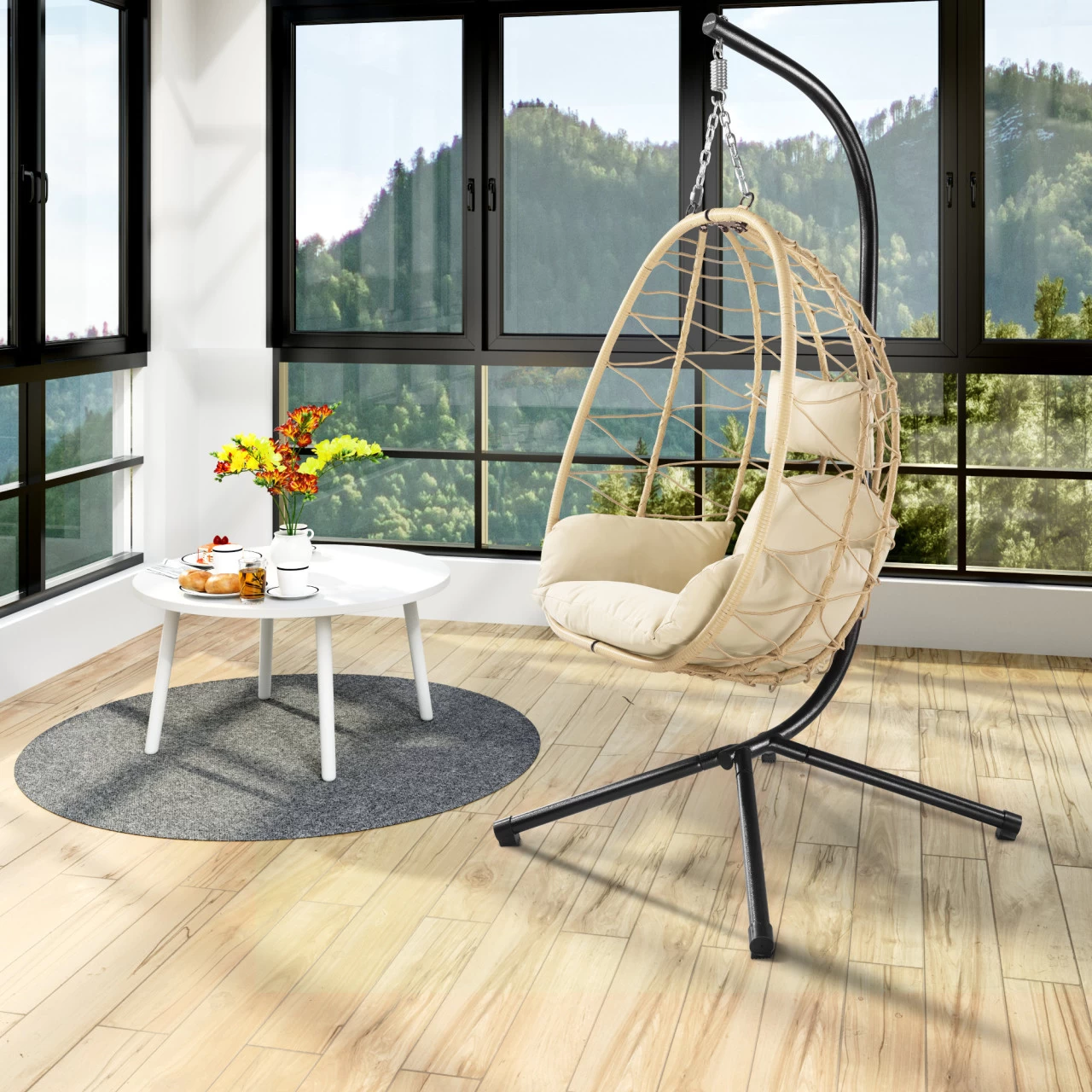 HinHocker Hängesessel Mit Gestell | Creme | Ergonomischer Sessel Inkl. Kissen Und Auflagepolster 4 HinHocker Hängesessel Mit Gestell | Creme | Ergonomischer Sessel Inkl. Kissen Und Auflagepolster – Bild 2