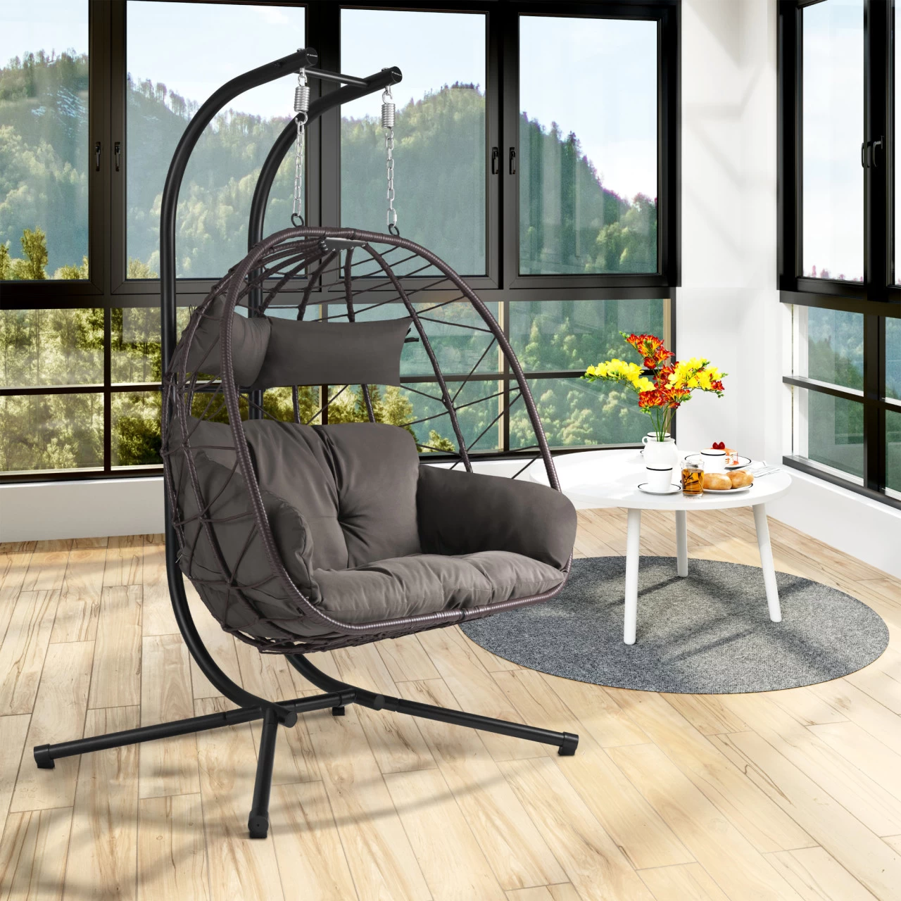 HinHocker Hängesessel Für 2 Personen Mit Gestell, Braun, XXL Sessel Inkl. Kissen Und Auflagepolster 4 HinHocker Hängesessel Für 2 Personen Mit Gestell, Braun, XXL Sessel Inkl. Kissen Und Auflagepolster – Bild 2