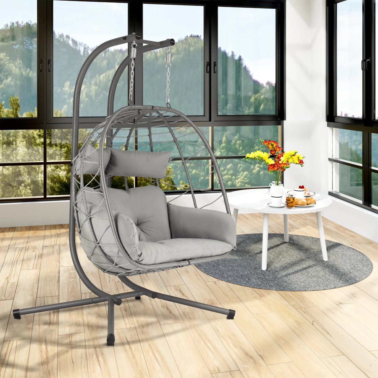 HinHocker Hängesessel Für 2 Personen Mit Gestell, Grau, XXL Sessel Inkl. Kissen Und Auflagepolster 4 HinHocker Hängesessel Für 2 Personen Mit Gestell, Grau, XXL Sessel Inkl. Kissen Und Auflagepolster – Bild 2