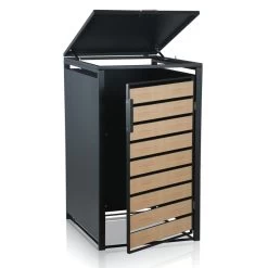 Zelsius Mülltonnenbox-Set Für Drei Mülltonnen | Anthrazit RAL 7016 | Tür In Holzoptik -Camping Store mbox6e muelltonnenbox bild3 neu hell 2000px 1280x1280 1