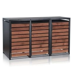 Zelsius Mülltonnenbox-Set Für Drei Mülltonnen | Anthrazit RAL 7016 | Tür In Dunkelbrauner Holzoptik