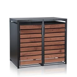 Zelsius Mülltonnenbox Für Zwei Mülltonnen | Anthrazit RAL 7016 | Tür In Dunkelbrauner Holzoptik