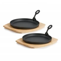 BBQ-Toro 2er Gusseisen Servierpfännchen-Set | Ø 22 Cm, Rund, Mit Holzbrett