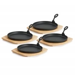 BBQ-Toro 4er Gusseisen Servierpfännchen-Set | Ø 22 Cm, Rund, Mit Holzbrett