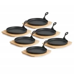 BBQ-Toro 6er Gusseisen Servierpfännchen-Set | Ø 22 Cm, Rund, Mit Holzbrett