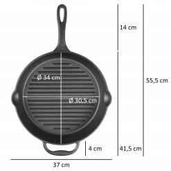 BBQ-Toro Gusseisen Bratpfanne | Ø 34 Cm | Mit Griff, Stiel Und Zwei Ausgießer, Gerippt - Preseasoned -Camping Store panr35 grillpfanne massbild 2000px 1280x1280