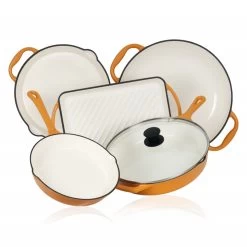 Mahlzeit 5-teiliges Pfannenset, Sunny Orange, Mit Grillpfannen, Grillplatte Und Paella Pfanne