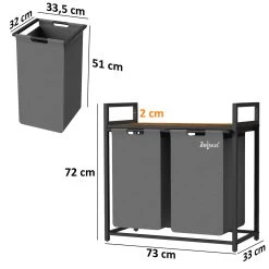 Zelsius Wäschesammler 2 Fächer, Grau, 73 X 33 X 72 Cm, Wäschekorb Mit Ablage, Schmutzwäschebehälter -Camping Store waeko1g waeschekorb massbild 2000px 1280x1280