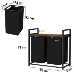 Zelsius Wäschesammler 2 Fächer, Schwarz 73 X 33 X 72 Cm, Wäschekorb Mit Ablage Schmutzwäschebehälter -Camping Store waeko1s waeschekorb massbild 2000px 1280x1280
