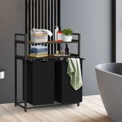 Zelsius Wäschesammler 2 Fächer, Schwarz, 73x33x91cm, Wäschekorb Mit 2 Ablagen, Schmutzwäschebehälter -Camping Store waeko2s waeschekorb bild4 2000px 1280x1280