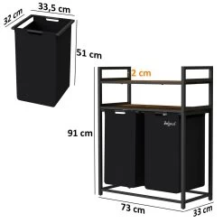 Zelsius Wäschesammler 2 Fächer, Schwarz, 73x33x91cm, Wäschekorb Mit 2 Ablagen, Schmutzwäschebehälter -Camping Store waeko2s waeschekorb massbild 2000px 1280x1280