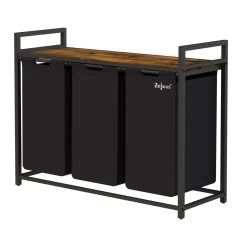 Zelsius Wäschesammler 3 Fächer, Schwarz, 92,5x33x72cm, Wäschekorb Mit Ablage, Schmutzwäschebehälter