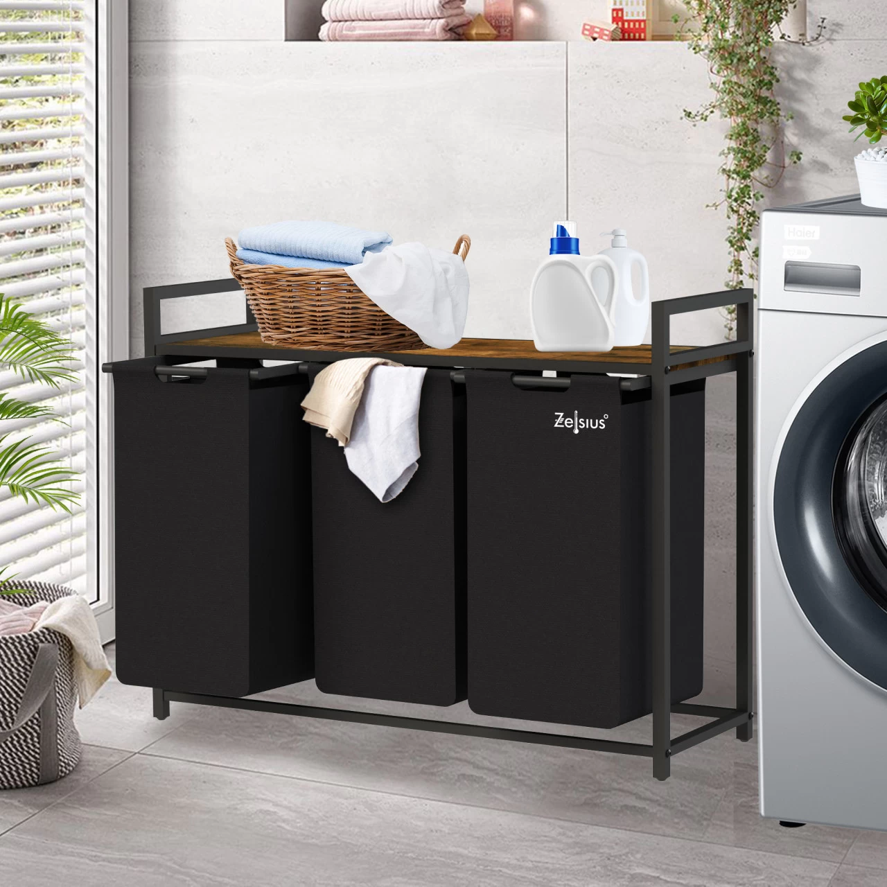 Zelsius Wäschesammler 3 Fächer, Schwarz, 92,5x33x72cm, Wäschekorb Mit Ablage, Schmutzwäschebehälter 4 Zelsius Wäschesammler 3 Fächer, Schwarz, 92,5x33x72cm, Wäschekorb Mit Ablage, Schmutzwäschebehälter – Bild 2