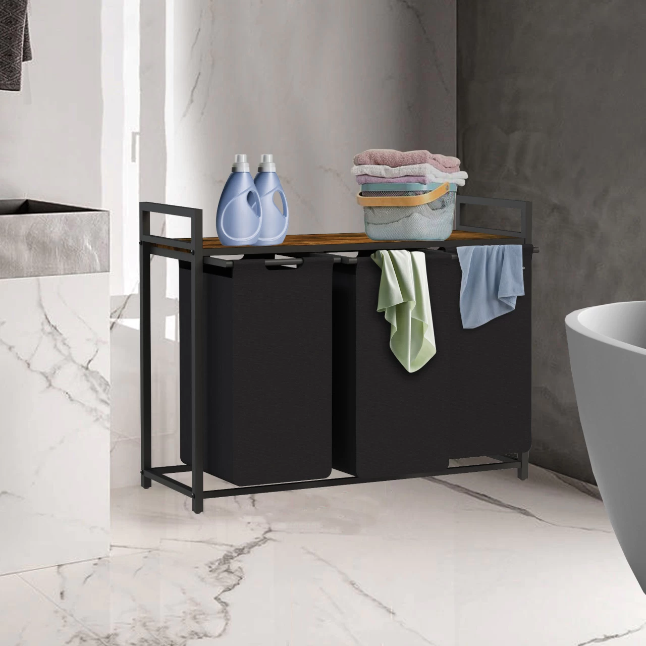 Zelsius Wäschesammler 3 Fächer, Schwarz, 92,5x33x72cm, Wäschekorb Mit Ablage, Schmutzwäschebehälter 5 Zelsius Wäschesammler 3 Fächer, Schwarz, 92,5x33x72cm, Wäschekorb Mit Ablage, Schmutzwäschebehälter – Bild 3
