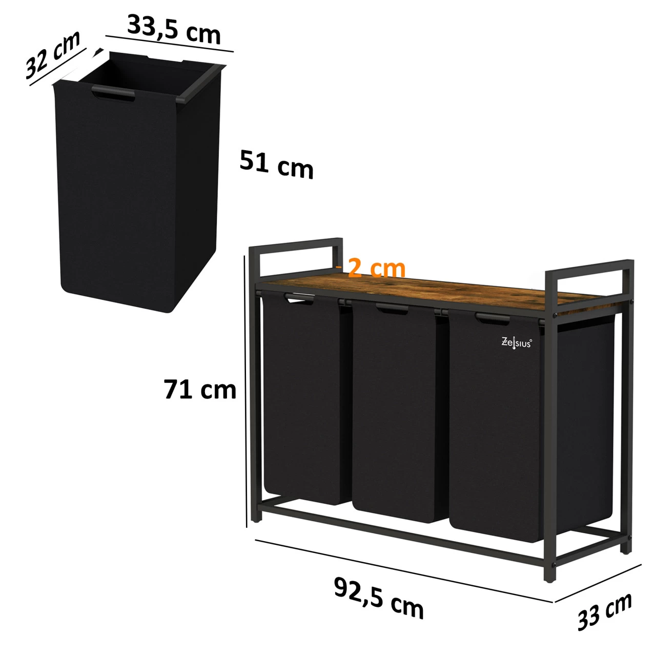 Zelsius Wäschesammler 3 Fächer, Schwarz, 92,5x33x72cm, Wäschekorb Mit Ablage, Schmutzwäschebehälter 6 Zelsius Wäschesammler 3 Fächer, Schwarz, 92,5x33x72cm, Wäschekorb Mit Ablage, Schmutzwäschebehälter – Bild 4