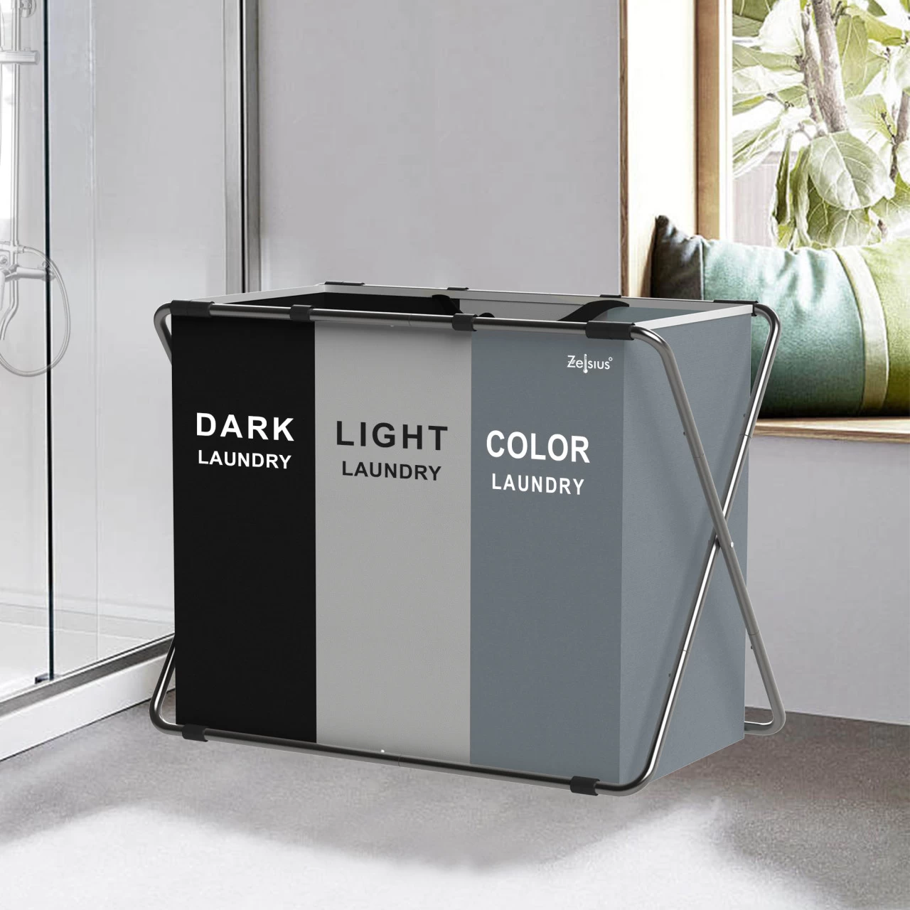 Zelsius Wäschesammler 3 Fächer Faltbar, Grau, 77 X 40 X 57,5 Cm, Wäschekorb, Schmutzwäschebehälter 4 Zelsius Wäschesammler 3 Fächer Faltbar, Grau, 77 X 40 X 57,5 Cm, Wäschekorb, Schmutzwäschebehälter – Bild 2